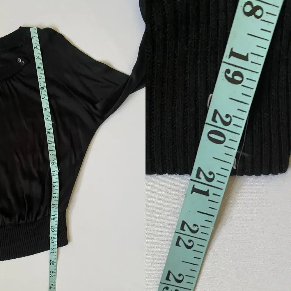 70s Vintage Black Boatneck Sweater Size M Buttons Long Sleeve Minimalist Goth
